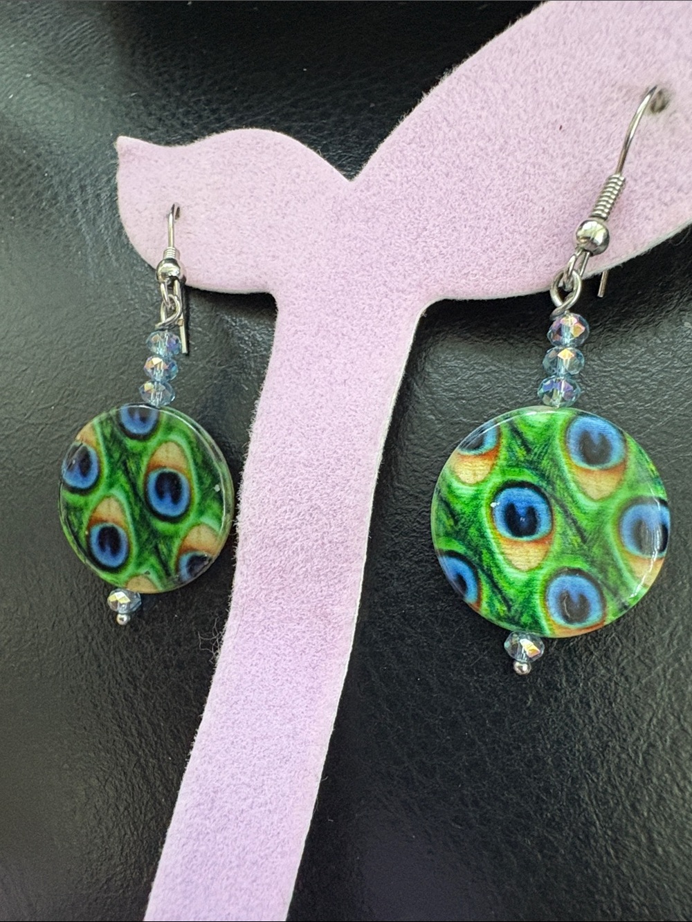 Silver Plated Green Peacock Feather Painted Shell Earrings